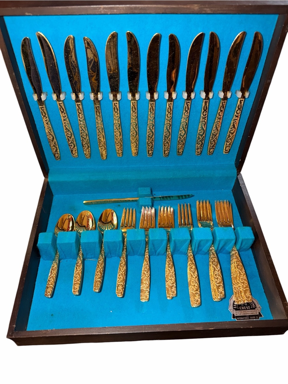 Vintage International Silver Co. 24KT Gold Electroplated Flatware Set&Wood Chest